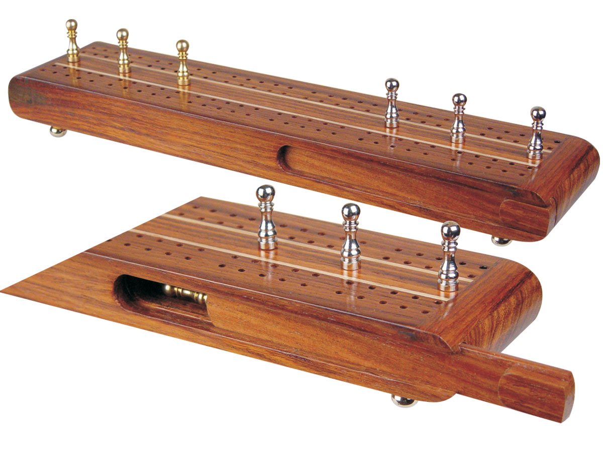 Royal Folding Cribbage Board Box in Golden Rosewood 2 Tracks Brass 10"