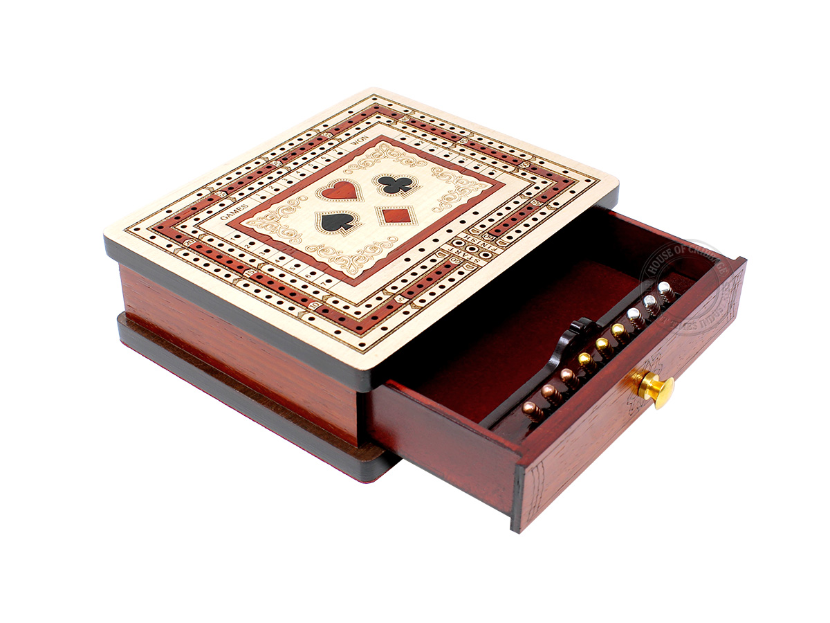 3 Track Cribbage Board Crystals Studded on Bloodwood Box 